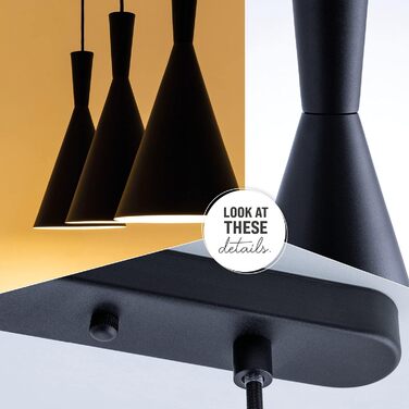 Підвісна лампа Кухонна лампа Підвісна підвісна лампа Їдальня Настільна лампа 1,5 м Текстильний кабель Коротке 18,5 см E27, Колір Чорний, Тип лампи 3-полум'я Чорний 3-полум'я