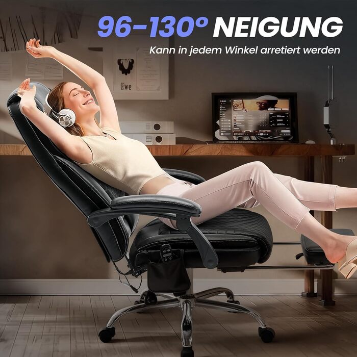 Крісло офісне шкіряне з масажем та підігрівом, регульоване, з підніжкою - для офісу та дому, чорне