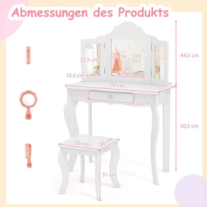 Детский туалетный столик COSTWAY 2-в-1 с LED-подсветкой, зеркалом и ящиками, для девочек (белый)