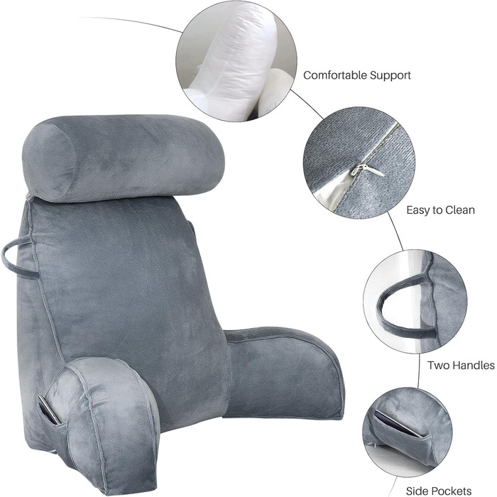 Подушка для читання в ліжку GKXLH з оксамиту для дорослих, підспинник з підтримкою рук та кишенюю, знімний чохол, сіра