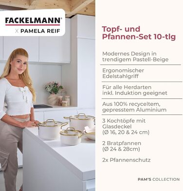 Набір сковорідок FACKELMANN x Pamela Reif 3 шт. діаметром 20-24-28 см – з переробленого алюмінію, пастельно-бежевий, керамічне покриття без PFAS, стійке до 160°C, для всіх типів плит