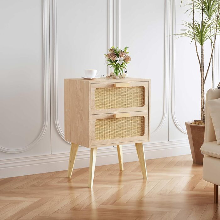 Приліжкова тумбочка з ротангу, дерев'яна з 2 висувними ящиками, декорована ручною роботою з ротангу, бохо-стиль, тумбочка для вітальні/спальні з місцем для зберігання, DECTG59Y