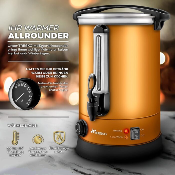 ТресКо® Електричний казанок для глінтвейну 6,8 л з нержавіючої сталі, 1500 Вт, автоматичний, для гарячих напоїв, з мідною вставкою