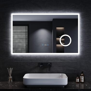 Дзеркало для ванної кімнати SONNI з підсвічуванням 80x60 см, 3 кольори світла, проти запотівання, LED, сенсорне управління, годинник, температура, 3x збільшення