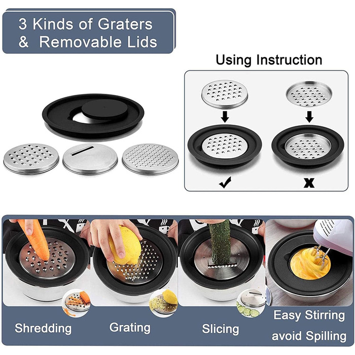 Набір місок для перемішування HAPPY KIT 18/8 з кришкою, 2 шт. (3QT, чорний). З нержавіючої сталі, з виливом, антиковзким дном та насадками для тертя.