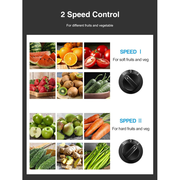 Соковитискач Reemix для овочів та фруктів, професійний з нержавіючої сталі, 500W, 3 швидкості (Чорний)