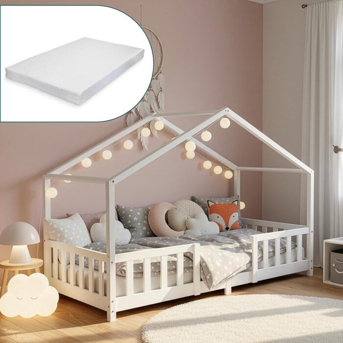 Дитяче ліжко en.casa Treviolo з матрацом 70x140 см, будиночок, дерево, Montessori, з бар'єром, ламелі, сосна, білий