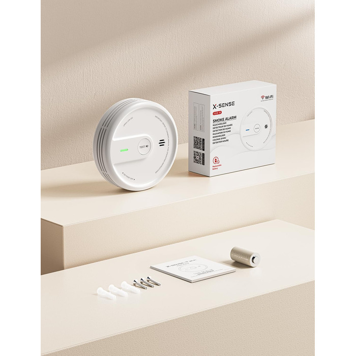 X-Sense Розумний димовий датчик з Wi-Fi, EN 14604, нічний режим, 10 років служби, змінна батарея, керування через додаток, XS0E-iR, білий