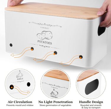 Набір контейнерів для зберігання картоплі, цибулі та часнику (3 шт.), бамбуковий кришка, білий