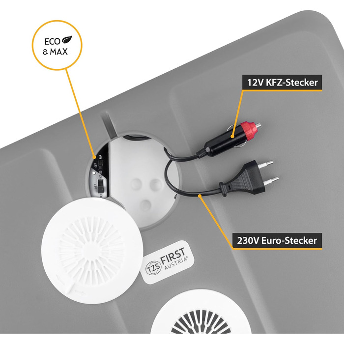 Електричний охолоджувач TZS First Austria 45 літрів Підключення 12 вольт і 230 вольт Мобільний міні-холодильник на колесах для кемпінгу, фестивалів, подорожей з функцією збереження тепла сірий 45 л Сірий