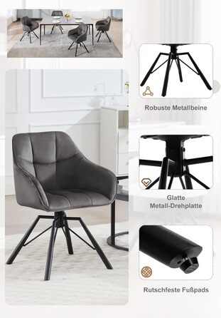 Крісла для їдальні WOLTU (4 шт) з оббивкою з велюру, сірого кольору, з підлокітниками та поворотним механізмом