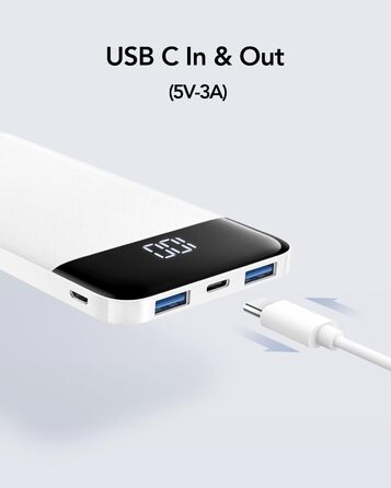 Дисплей, сумісний з iPhone, iPad, Samsung, Huawei (білий), 10400mAh USB C, 5V 3A, LED-