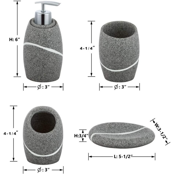 Набір для ванної кімнати ZCCZ 4 шт. и органайзер з тримачем для зубних щіток, дозатор мила, миска, кам'яний вигляд, сірий