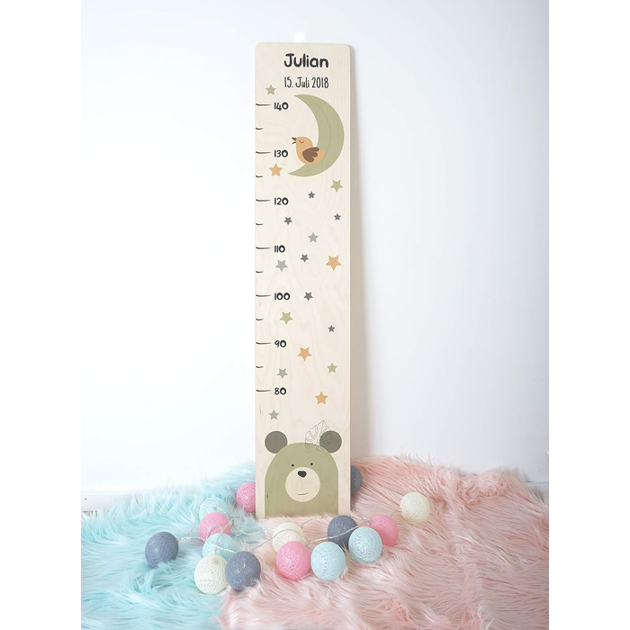 Вимірювальна паличка дитяча дерев'яна, вимірювальна паличка персоналізована з ім'ям для дитячої кімнати, подарунок на день народження для хлопчика і дівчинки, вимірювач висоти дитячий ведмідь з природою місячного дерева