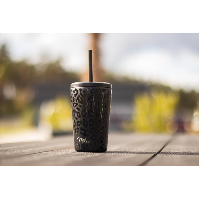 Термокружка Milu 400 мл - не протікає, з нержавіючої сталі, з трубочкою, ізольована, для кави/напоїв, чорна з леопардовим принтом, BPA-free