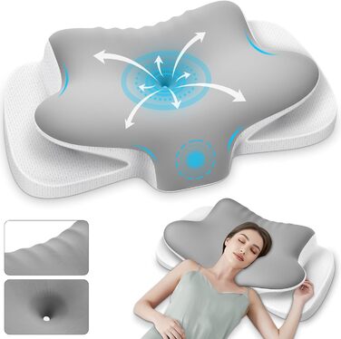 Подушка для шиї з піною Memory Foam, дихаюча, ергономічна, 65x37x10/12 см (срібна)