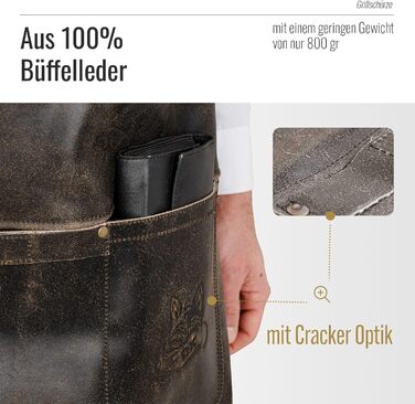 Фартух з натуральної шкіри буйвола, чорний: для гриля, барбекю, приготування їжі та кухні. Вінтажний стиль.