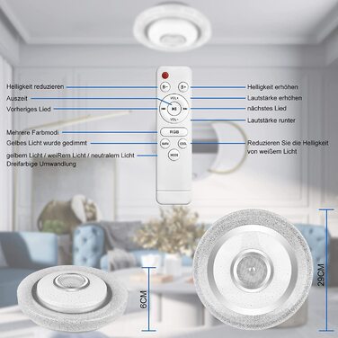 Світлодіодна стельова лампа CL FUN з Bluetooth-колонкою, димована, Ø30 см, водонепроникна, з регулюванням кольору RGB, пультом і керуванням через додаток для вітальні та спальні
