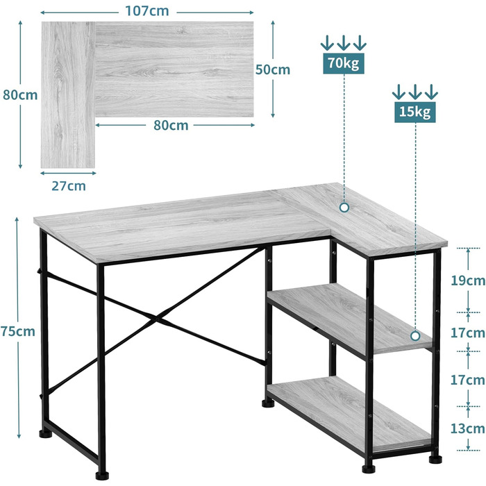 Письмовий стіл L-подібної форми з відсіками для зберігання, двосторонній, 2 яруси полиць для зберігання, 110 см, сірий