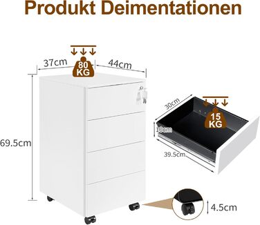 Роликовий контейнер HOMSTEEL з замком, 4 ключі, 4 шухляди, металевий шафа, готовий до збирання, для офісу, домашнього офісу, білий (44T x 37B x 69.5H cm)