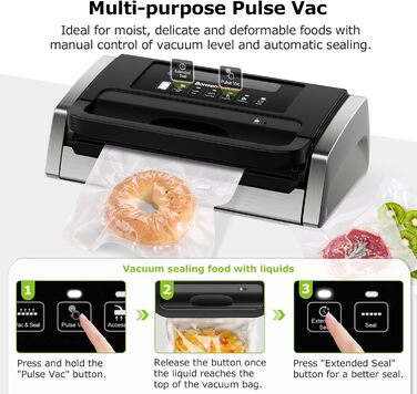 Вакууматор Bonsenkitchen для продуктів, потужний вакуумний пакувальник 15л/хв, з інтегрованим різаком та ручкою-фіксатором, чорний (комплект з 100 пакетами)