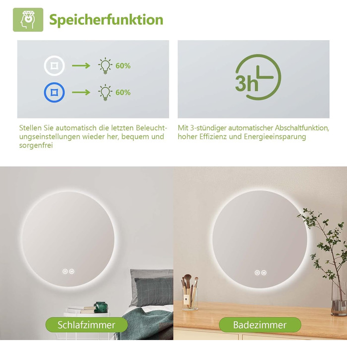 Круглий дзеркало для ванної кімнати з підсвічуванням S'AFIELINA 60 см LED з сенсорним вимикачем, 3 кольори світла (теплий, нейтральний, холодний), регулювання яскравості, 60x60 см