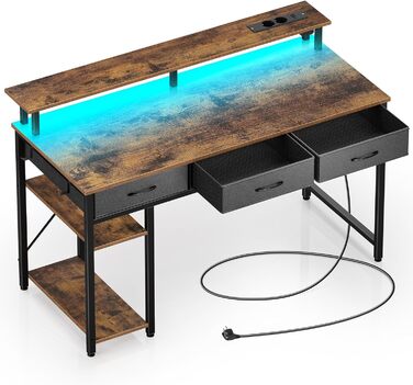 Комп'ютерний стіл Rolanstar з ящиками, розетками та LED підсвіткою, ігровий стіл з підставкою для монітора, полиця та 2 гачки, для офісу та вітальні (білий, 100x47x90,5 см), вінтажний коричневий (137 см)