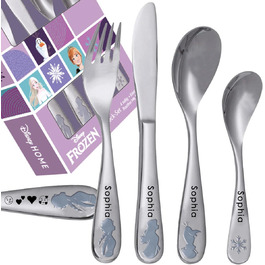 Дитячий столовий набір 'Frozen' з гравіюванням імені | 4 шт. | Нержавіюча сталь | Безпечний та міцний | Можна мити в посудомийній машині
