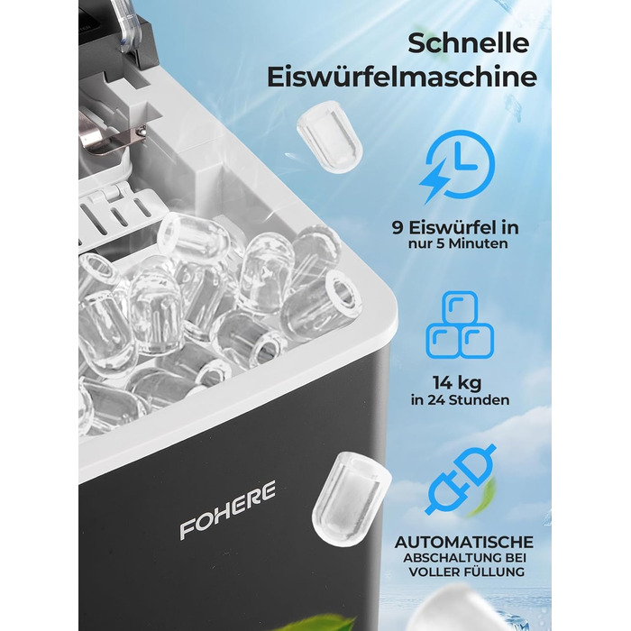 Льодогенератор Fohere портативний з ручкою, 14 кг/24 год, кулі 9 шт за 5 хв, 2 розміри, самоочищення, для дому, кухні, офісу, кемпінгу, вечірок