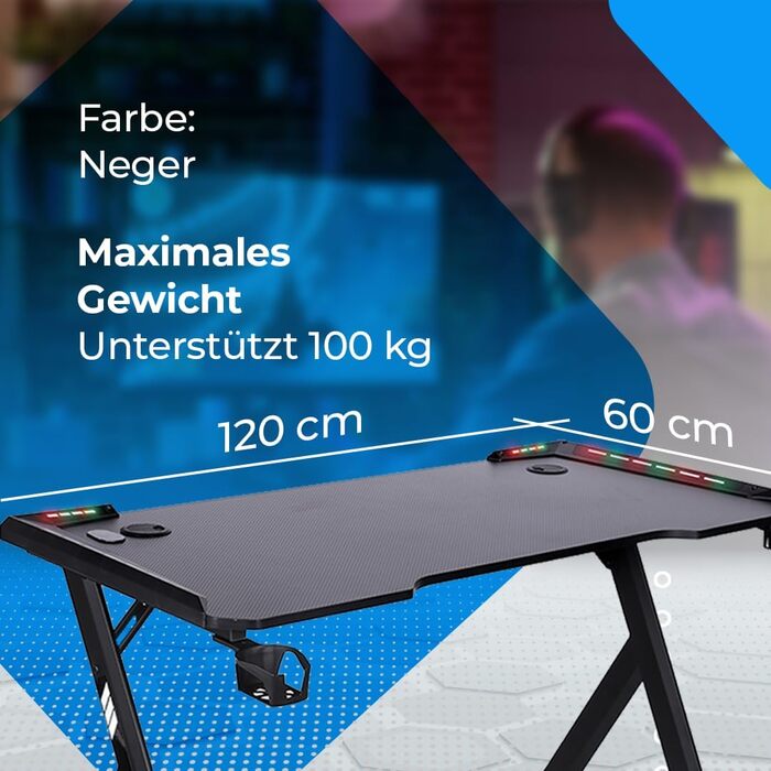 Ігровий стіл NK з LED-підсвічуванням (120x60 см) - з тримачем для напоїв та пляшок, тримачем для навушників, кабельною організацією, стільниця 1.5 см, вантажопідйомність 100 кг, рожевий