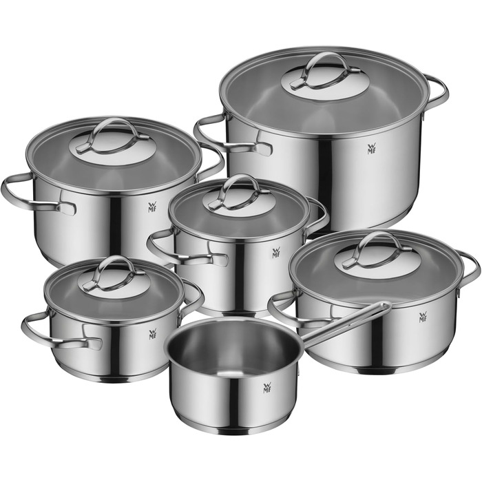 Набір каструль WMF Aparto Induktion 6-teilig з нержавіючої сталі Cromargan, з кришкою з термостійкого скла, без антипригарного покриття, придатний для індукційних плит та посудомийної машини