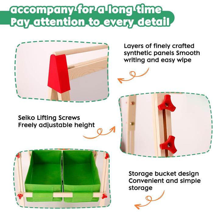Дерев'яний мольберт Kinder для дітей з паперовою рулонкою, двостороннє Whiteboard та дошка. Регульована висота. З аксесуарами для малювання та навчання. Ідеальний подарунок для малюків.