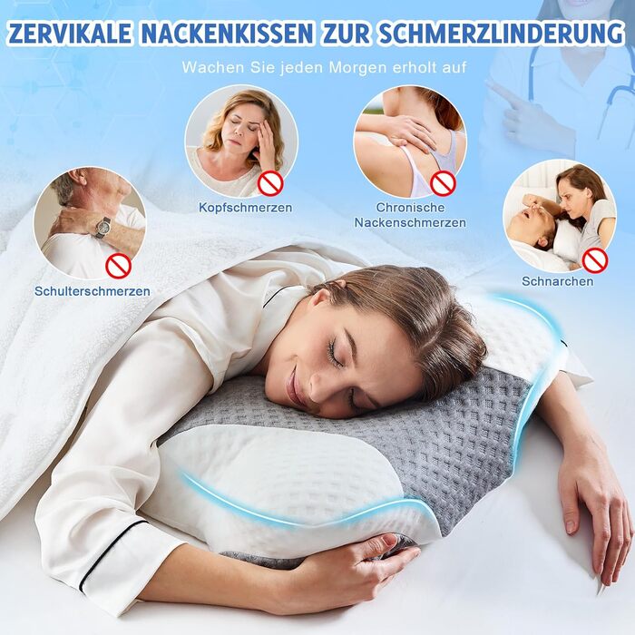 Ортопедична подушка для шиї з Memory Foam - ергономічна подушка для голови проти болю в шиї, регульована за висотою для тих, хто спить на боці, з дихаючим чохлом для здорового сну, білий, 60 x 35 см