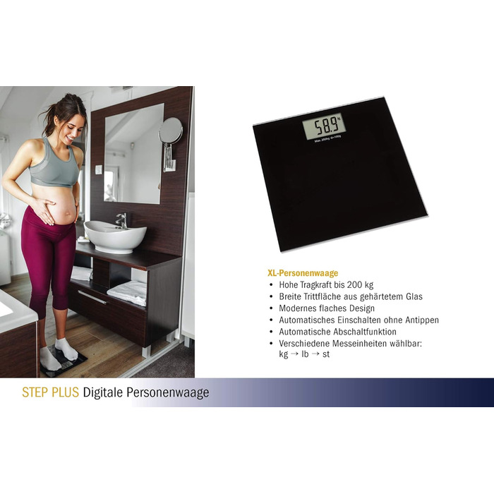 Цифрові ваги TFA Dostmann Step Plus, 50.1015.01, Ваги для ванної кімнати, до 200 кг, простий дизайн, виготовлені з пластику, ванна кімната, спальня, протектор із загартованого скла, 32 x 32 см, чорний