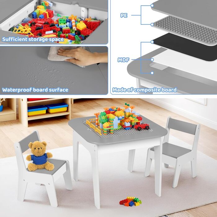 Дитячий стіл MAMIZO з 2 стільцями - дитяча меблева група, стіл і стільці для дитячої кімнати, сірий