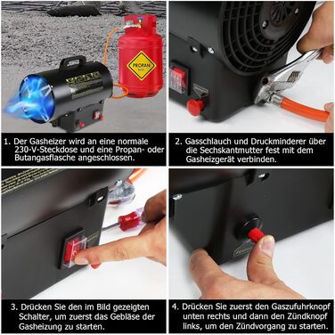 Газовий нагрівач для приміщень Ikodm 10kW 220V: газовий нагрівач, газовий обігрівач, газовий нагрівач-вентилятор, пропановий нагрівач, 320 м³/год, з газовим шлангом 1,2м та редуктором 700 мбар