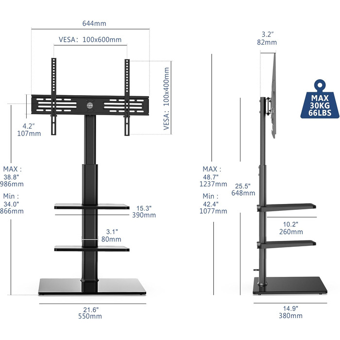 Регульована по висоті підставка під телевізор FITUEYES для телевізорів 32-60 дюймів до 30 кг, VESA 600x400 Black