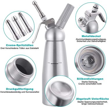 Професійний сифон для збивання вершків з 3 насадками, 500 мл (алюміній)