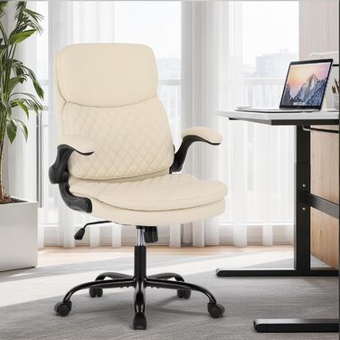 Офісний крісло Colamy: ергономічний, з високою спинкою, регульовані підлокітники, шкіряне покриття (слонова кістка)