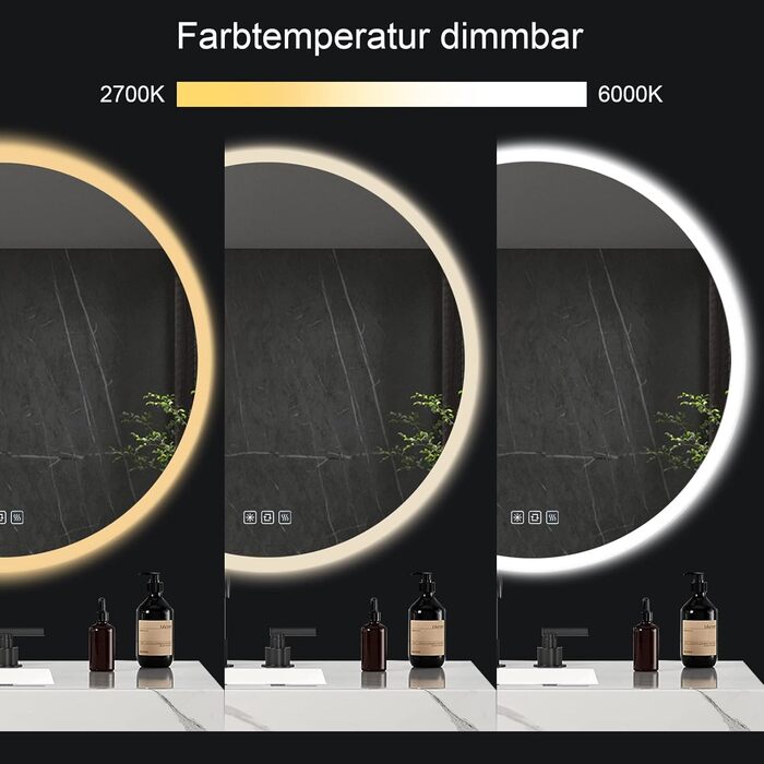 Дзеркало для ванної кімнати Furduzz LED з підсвічуванням, 700 мм, сенсорне керування, диммування, 3 кольори, проти запотівання, пам'ять, 70x70 см