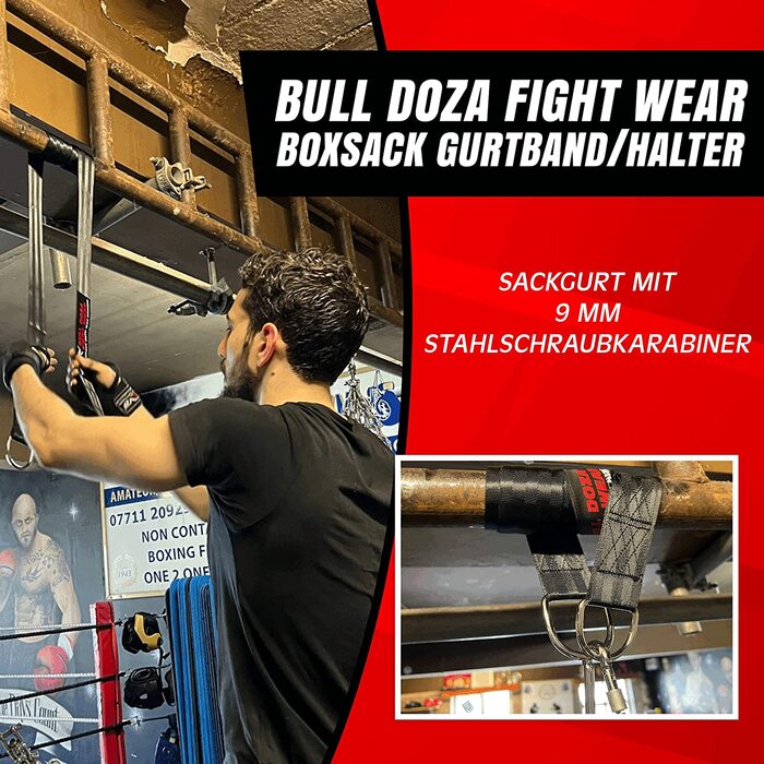 Ремінь для боксерської груші BULL DOZA FIGHT WEAR, міцна вішалка для боксерської груші зі сталевим карабіном 9 мм-міцні посилені шви, що витримують 250 кг, кріплення для ременя-чорний (213 сантиметрів)