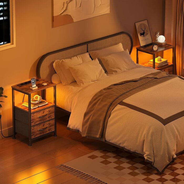 Набір з 2 тумбочок з LED-підсвічуванням та функцією зарядки, тумбочки з ящиком, 3 розетки AC та 2 USB-порти, для вітальні, спальні, вінтажний колір, 40x30x60 см