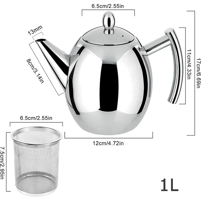 Чайник з нержавіючої сталі з ситечком, 1 л/1,5 л, великий металевий чайник, чайник, чайник, кавник зі знімним чайним фільтром для дому, Готелю, Ресторану, розсипний чай (1 л)