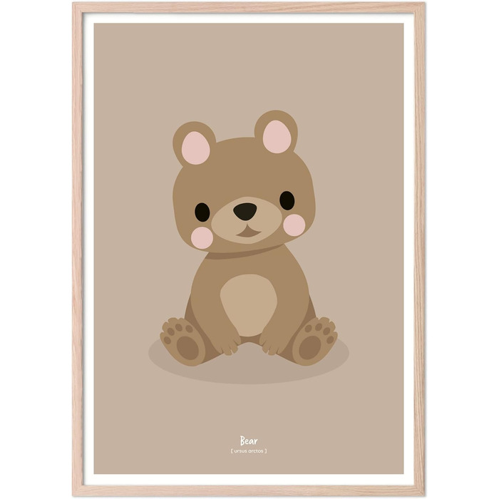 Плакат 50x70 з лісовими тваринами прикраса для дитячих кімнат і дитячих кімнат картини з мотивами тварин для хлопчиків і дівчаток з дерев'яною рамою - ведмідь 50x70 - рамка природа ведмідь