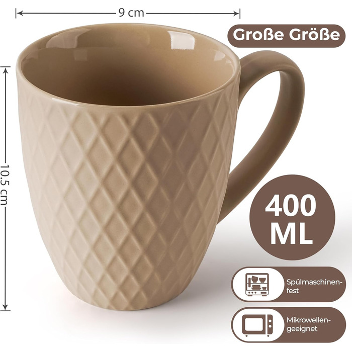 Набір кавових чашок Miamio Palmanova (бежевий) – 6 шт, 400 мл – сучасна кераміка, матова поверхня