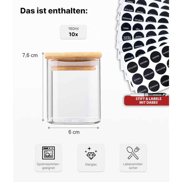 Набір скляних банок для спецій Deco haus® з дерев'яними кришками (10 шт.) - Набір контейнерів для спецій, кухонні баночки, зберігання спецій