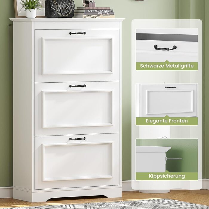 Шкаф для взуття Brinlawb з 3 дверцятами, білий. Комод для взуття, полиця для взуття з регульованими перегородками, для 14-18 пар. Дерев'яний шкаф для вхідної зони, коридору, вітальні.