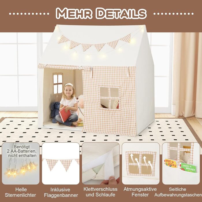 Дитяче намет-будиночок COSTWAY з килимком та світлом, з прапором та вікнами, для хлопчиків та дівчаток від 3 років (Бежевий)
