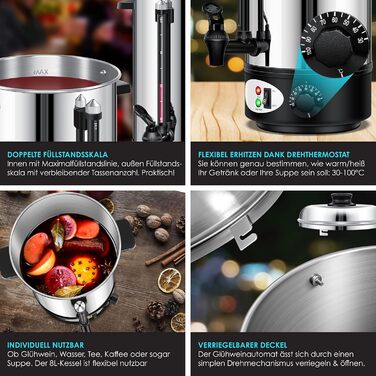 Глювайновий котел KESSER® 8L з нержавіючої сталі: котел для глінтвейну з термостатом, 10 склянок, дисплей рівня, кран, сріблястий