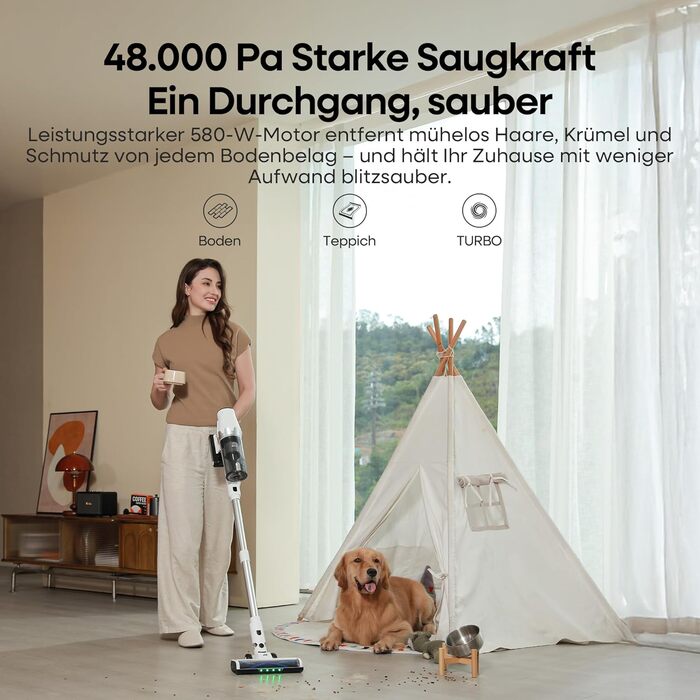 Акумуляторний пилосос ElecKeys 48000 Па, 580 Вт, 65 хв з LED дисплеєм, для підлоги, килимів та шерсті тварин, білий